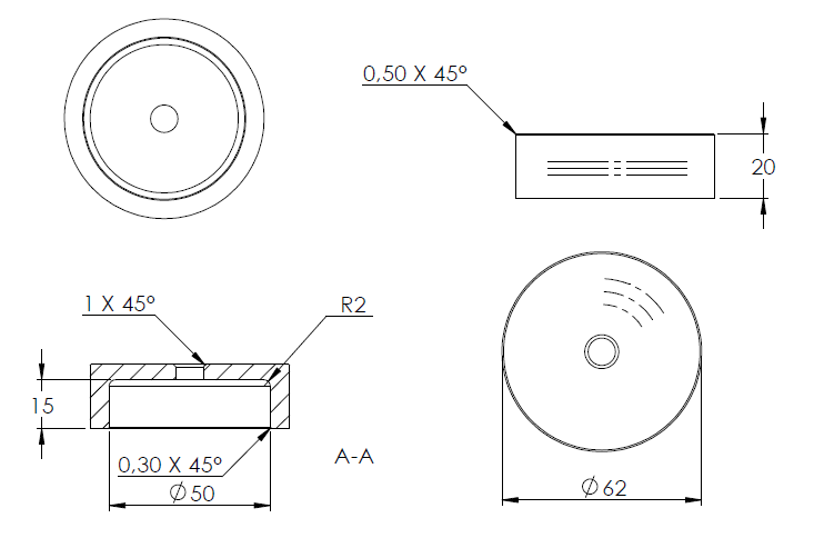 Glas-Punkthalter ø 62mm, Unterteil, Höhe 20mm, mit Innengewinde M10