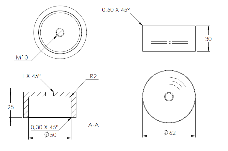 Glas-Punkthalter ø 62mm, Unterteil, Höhe 30mm, mit Innengewinde M10