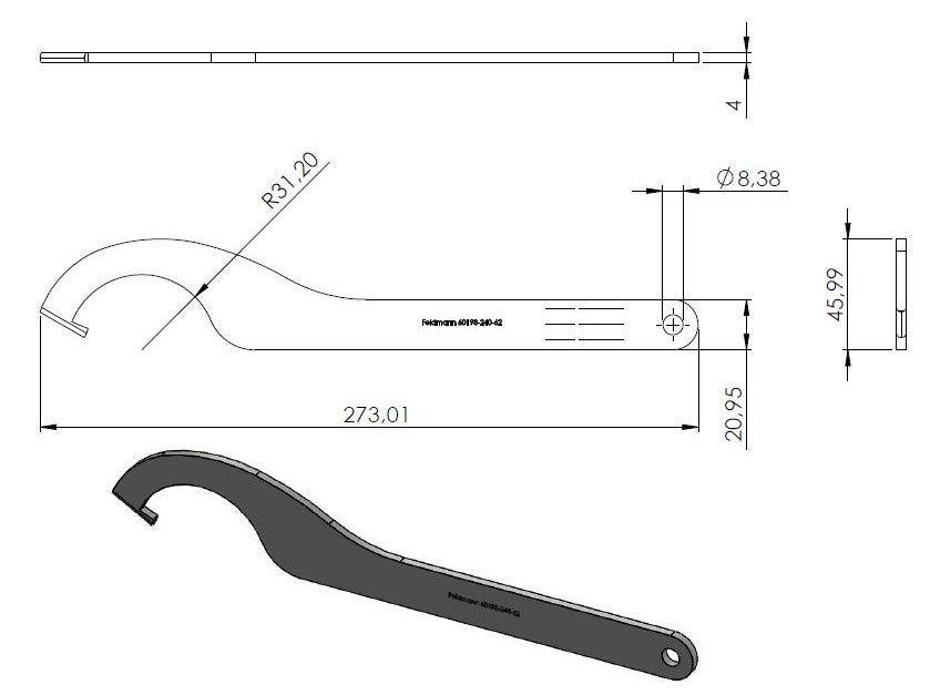 Hakenschlüssel für Glas-Punkthalter ø 62mm, aus V2A Edelstahl
