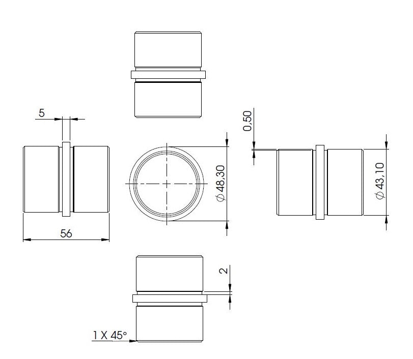 Verbinder zum Stecken und Kleben, für Rohr 48,3 x 2,5mm