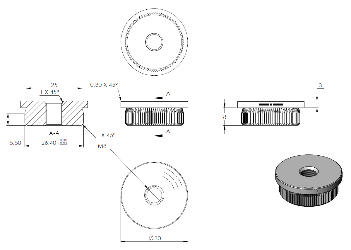 Endkappe flach mit M8 Innengewinde, massiv, für Rohr ø 30,0 x 2,0mm, zum Einschlagen