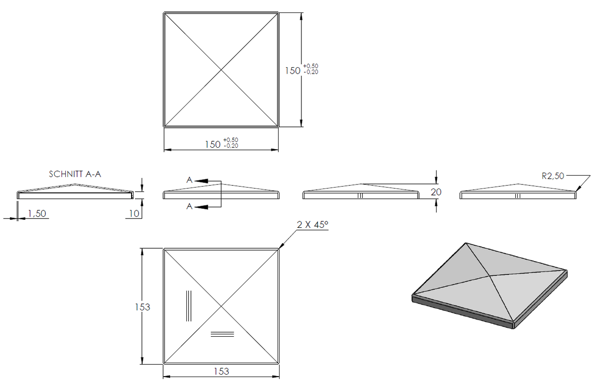 Pyramidenkappe 150x150mm, geschliffen, Ecken verschweißt und geschliffen
