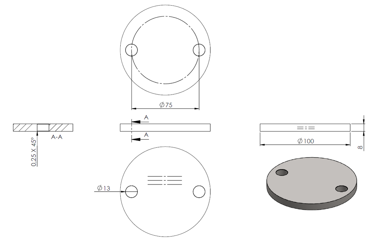 Ronde ø 100mm, Stärke 8mm, mit zwei ø 13mm Bohrungen, einseitig geschliffen, mit Längsschliff