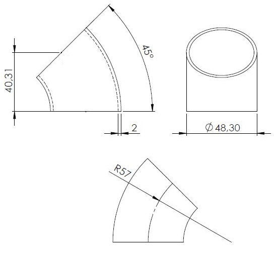 45° Bogen zum Anschweißen, für Rohr ø 48,3mm, Wandstärke 2,0mm, geschliffen