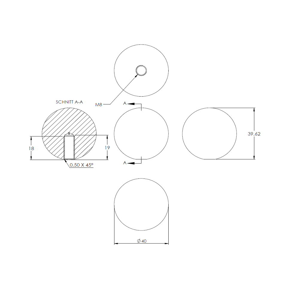 Messingkugel aus V2A Edelstahl massiv, Messing beschichtet, ø 40mm, mit M8 Gewinde