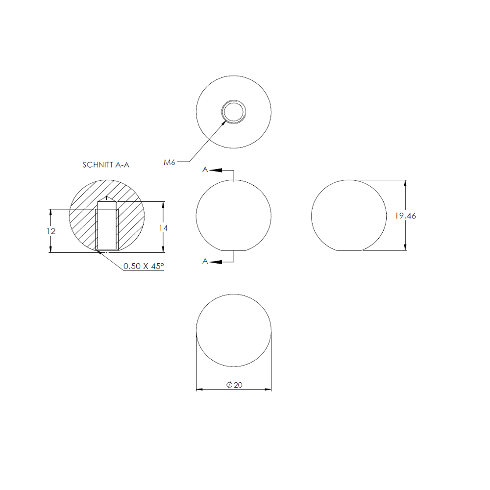 Messingkugel aus V2A Edelstahl massiv, Messing beschichtet, ø 20mm, mit M6 Gewinde