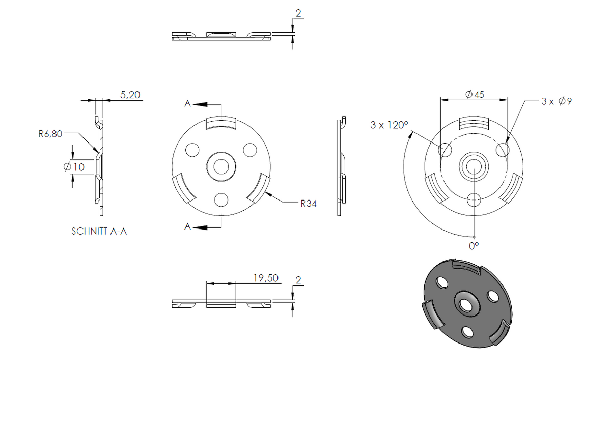 Handlaufhalter zur Wandbefestigung mit verschweißter Ronde, 70 x 12mm Rosette und 9mm Borhungen, zum Anschweißen