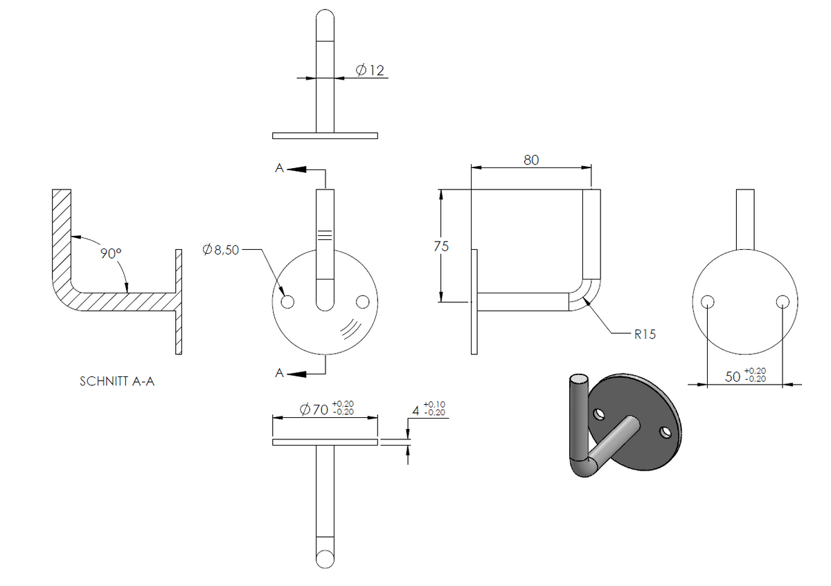 Handlaufhalter zur Wandbefestigung mit verschweißter Ronde 70 x 4mm, zum Anschweißen