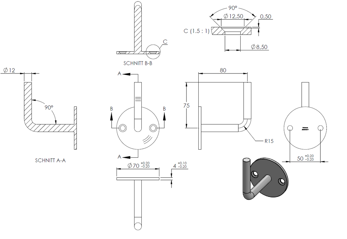 Handlaufhalter zur Wandbefestigung mit verschweißter Ronde 70 x 4mm, Bohrungen gesenkt, zum Anschweißen