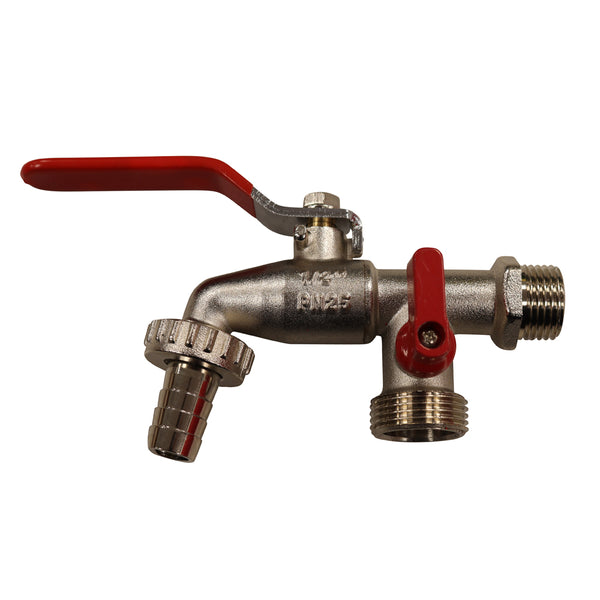 Kugelauslaufventil Abgang -Tülle für Schlauchinnendurchmesser 13mm, AG - Eingang 1/2" - AG - Ausgang 3/4" , aus Messing
