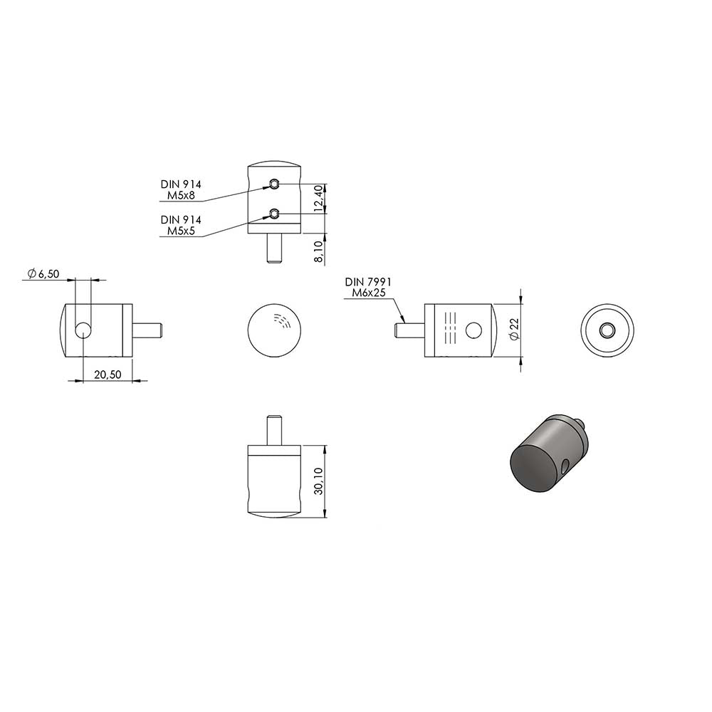 Seilhalter ø 22mm, flacher Anschluss, für ø 5mm Seil