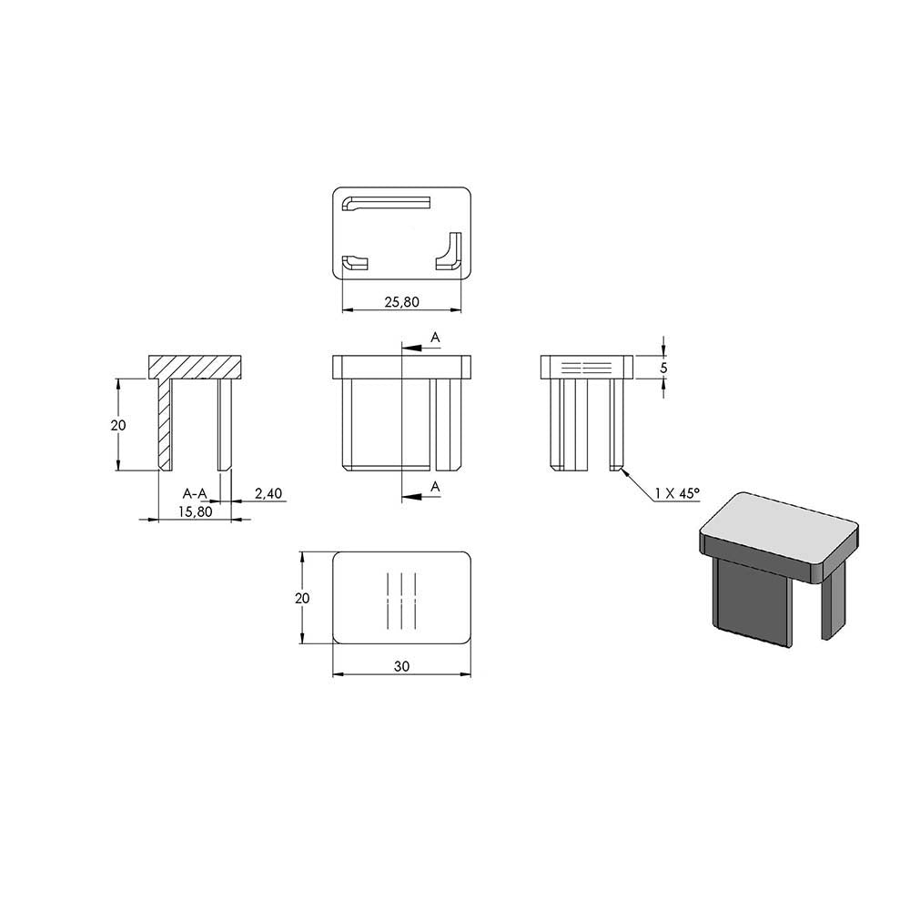 Einsteckkappe, für Rechteckrohr 30 x 20 x 2,0mm