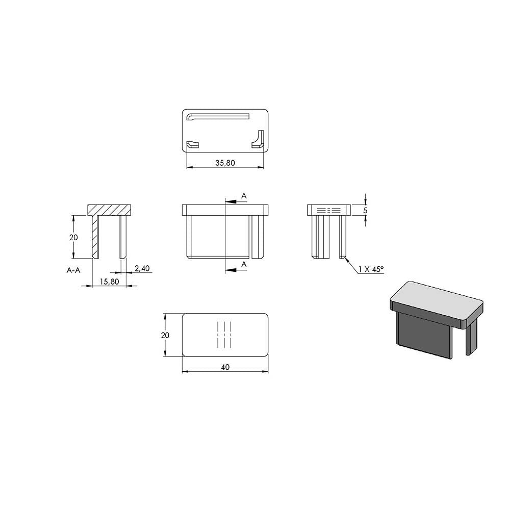 Einsteckkappe, für Rechteckrohr 40 x 20 x 2,0mm