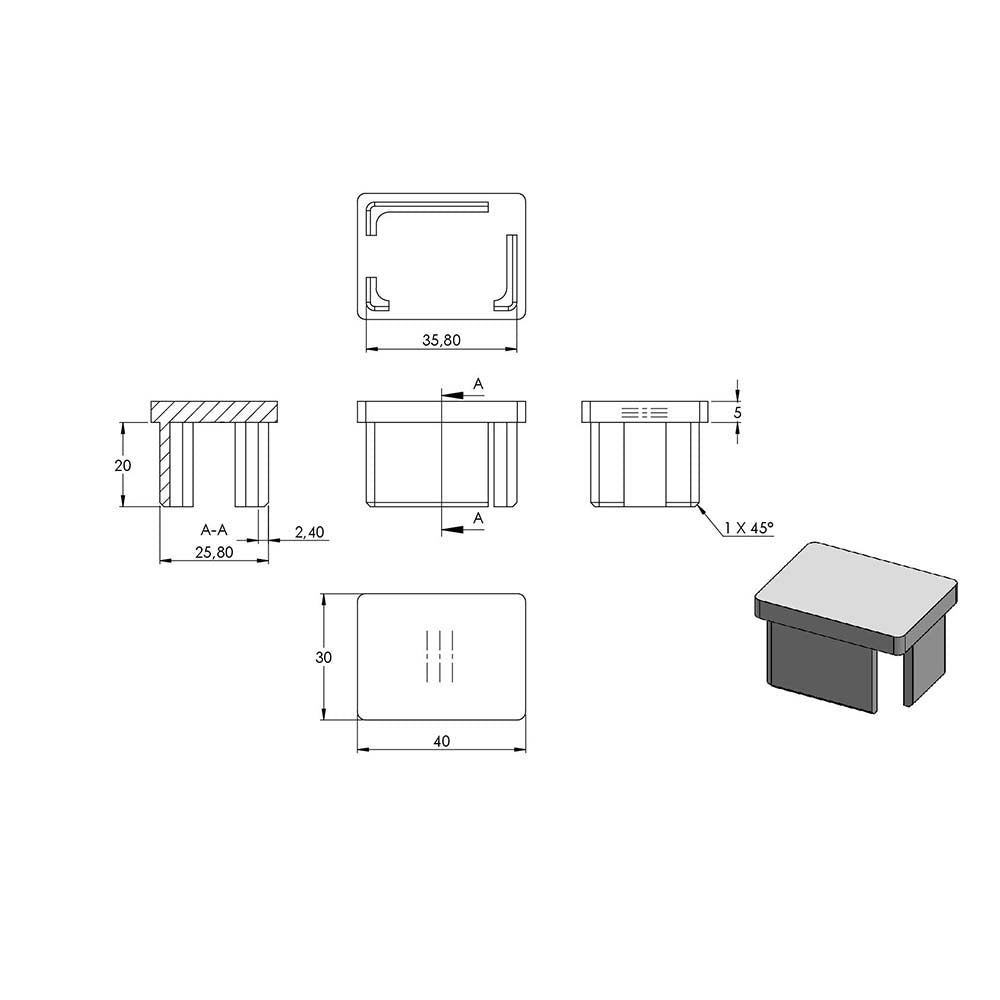 Einsteckkappe, für Rechteckrohr 40 x 30 x 2,0mm