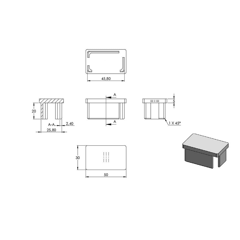 Einsteckkappe, für Rechteckrohr 50 x 30 x 2,0mm