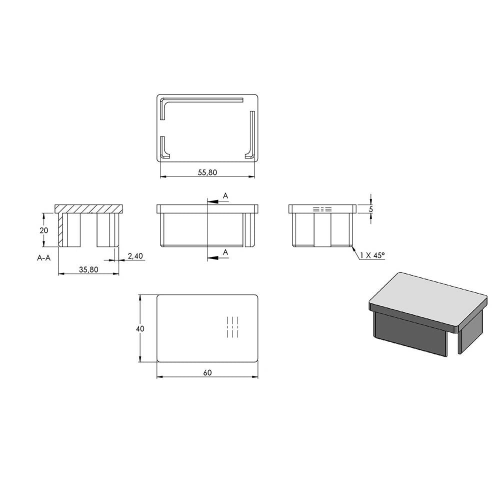 Einsteckkappe, für Rechteckrohr 60 x 40 x 2,0mm