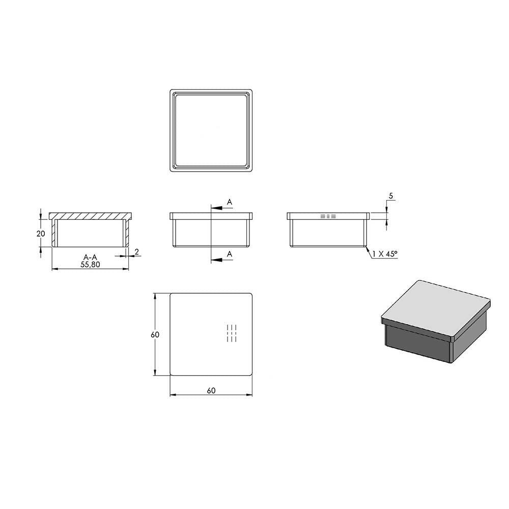 Einsteckkappe, für Vierkantrohr 60 x 60 x 2,0mm