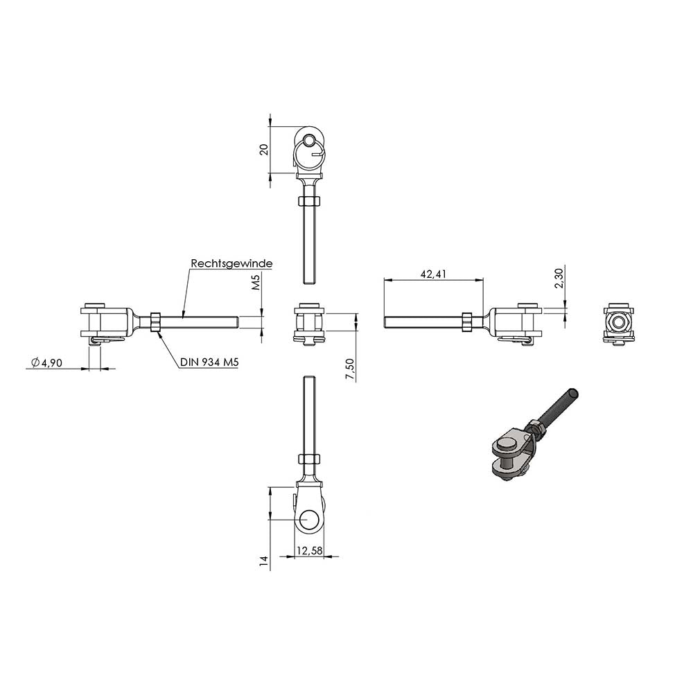 Wantenspanner mit beidseitiger Gabel, mit M5 Gewinde