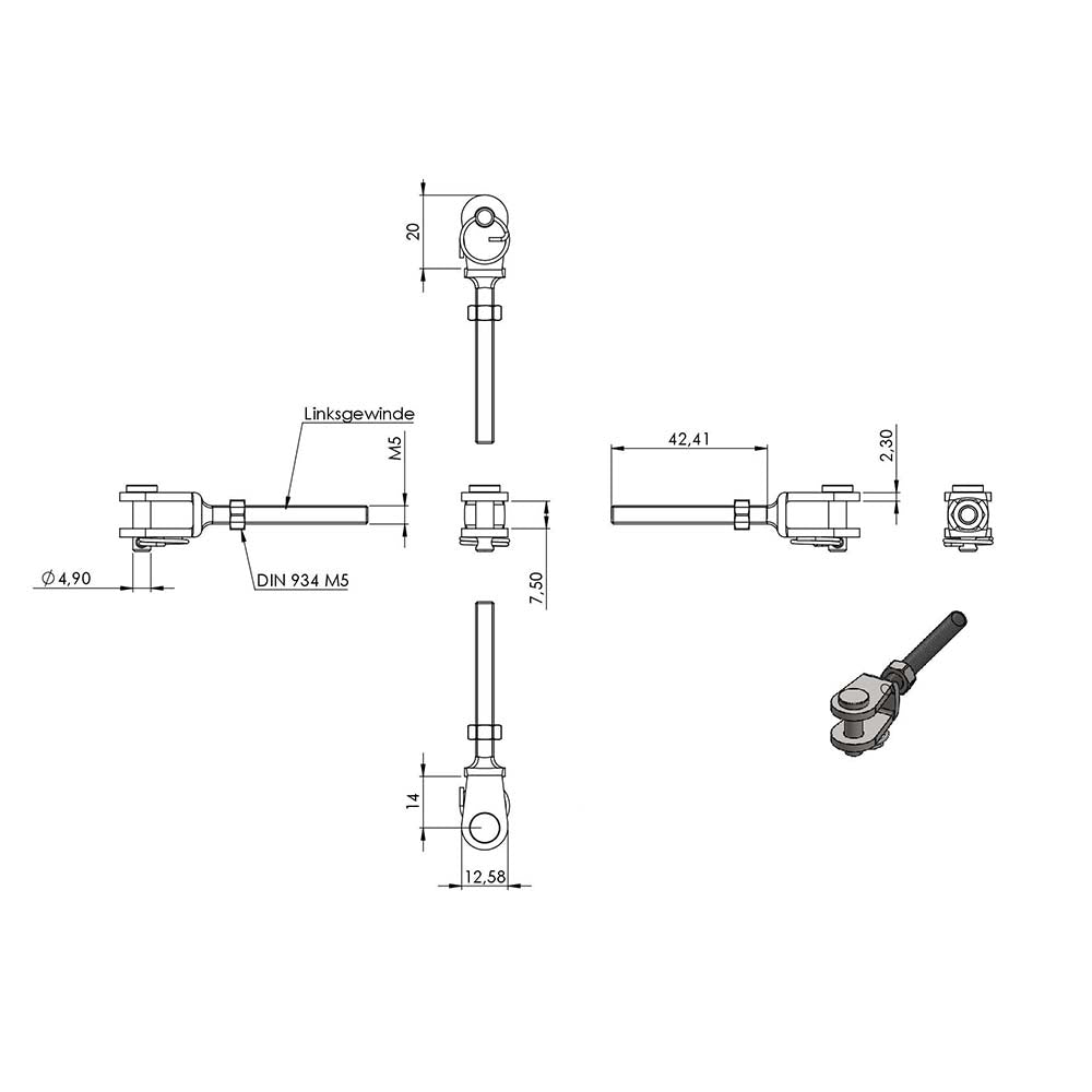Wantenspanner mit beidseitiger Gabel, mit M5 Gewinde