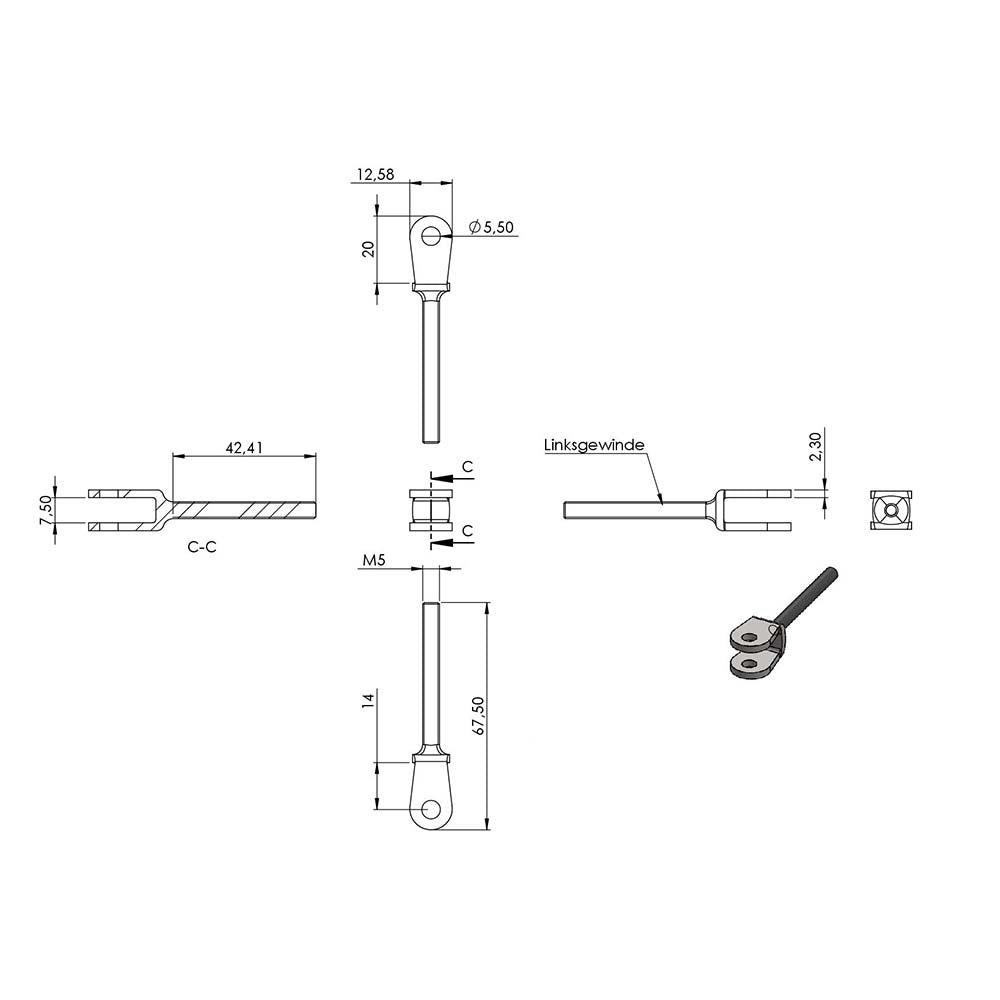 Wantenspanner mit beidseitiger Gabel, mit M5 Gewinde