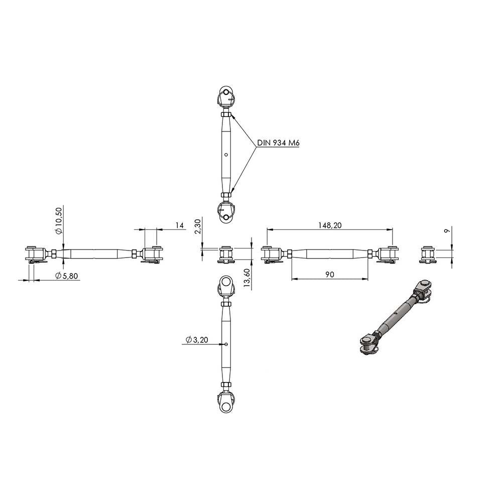 Wantenspanner mit beidseitiger Gabel, mit M6 Gewinde