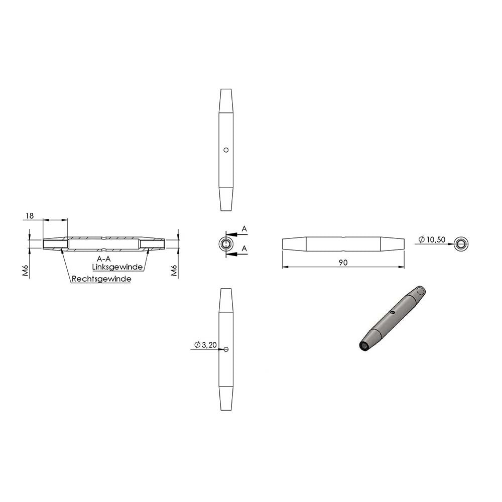 Wantenspanner mit beidseitiger Gabel, mit M6 Gewinde