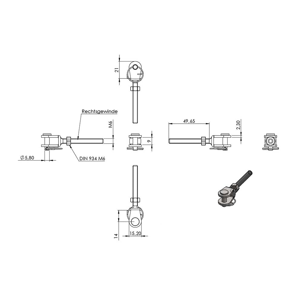 Wantenspanner mit beidseitiger Gabel, mit M6 Gewinde