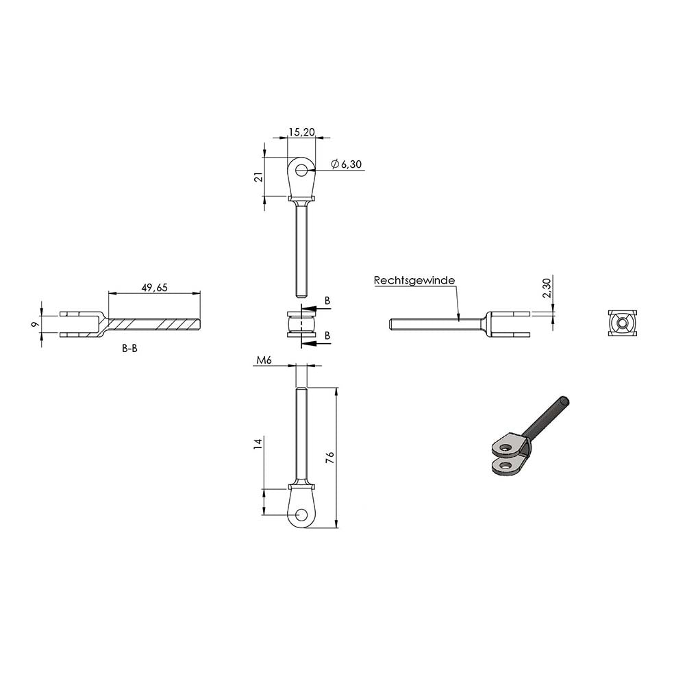 Wantenspanner mit beidseitiger Gabel, mit M6 Gewinde