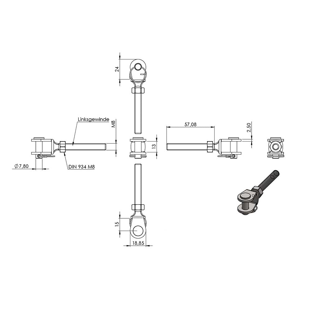 Wantenspanner mit beidseitiger Gabel, mit M8 Gewinde