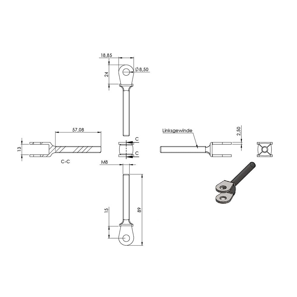 Wantenspanner mit beidseitiger Gabel, mit M8 Gewinde