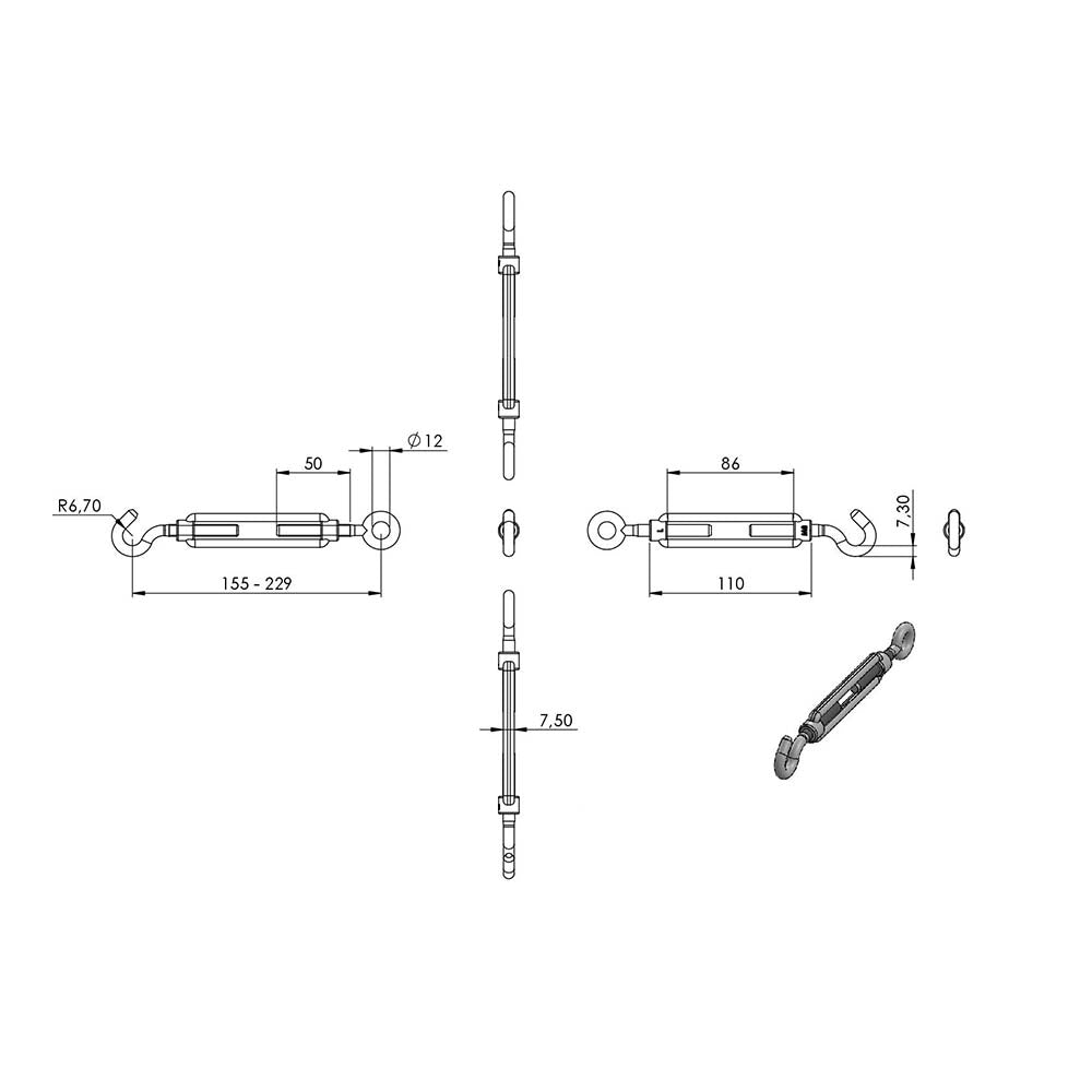 Spannschloss mit Öse und Haken, Rundeisen 8mm, Länge 156mm