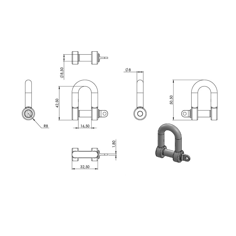 Schäkel, für ø 8mm Seil, M8