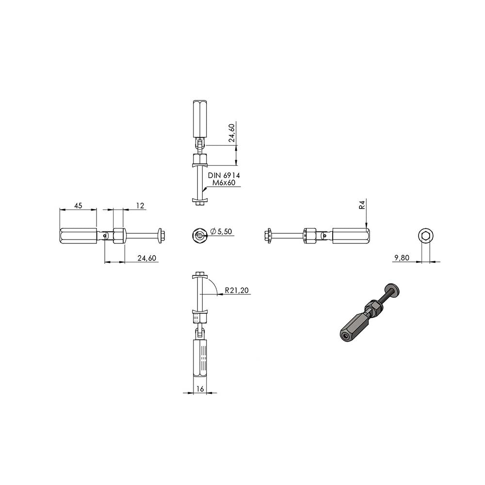 Gewindeterminal zur Selbstmontage mit Gelenk, für Pfosten ø 42,4 mm und ø 5mm Seil