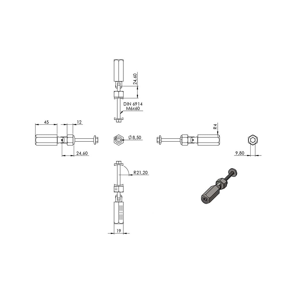 Gewindeterminal zur Selbstmontage mit Gelenk, für Pfosten ø 42,4 mm und ø 8mm Seil