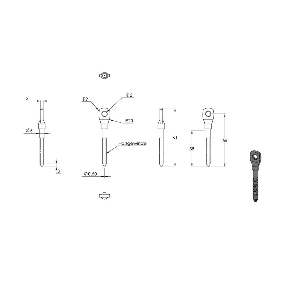Augenschraube mit Holzgewinde, mit M5 Gewinde, für ø 5mm Seil