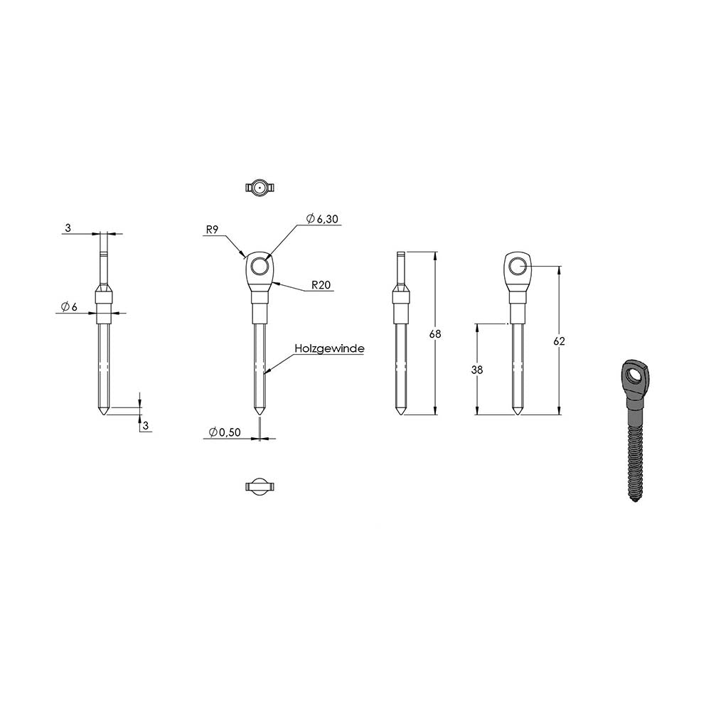 Augenschraube mit Holzgewinde, mit M6 Gewinde, für ø 6mm Seil