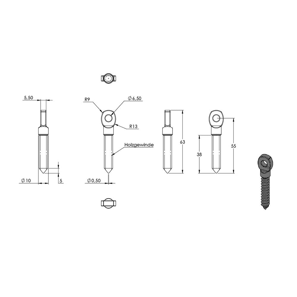 Augenschraube mit Holzgewinde, mit M8 Gewinde, für ø 8mm Seil