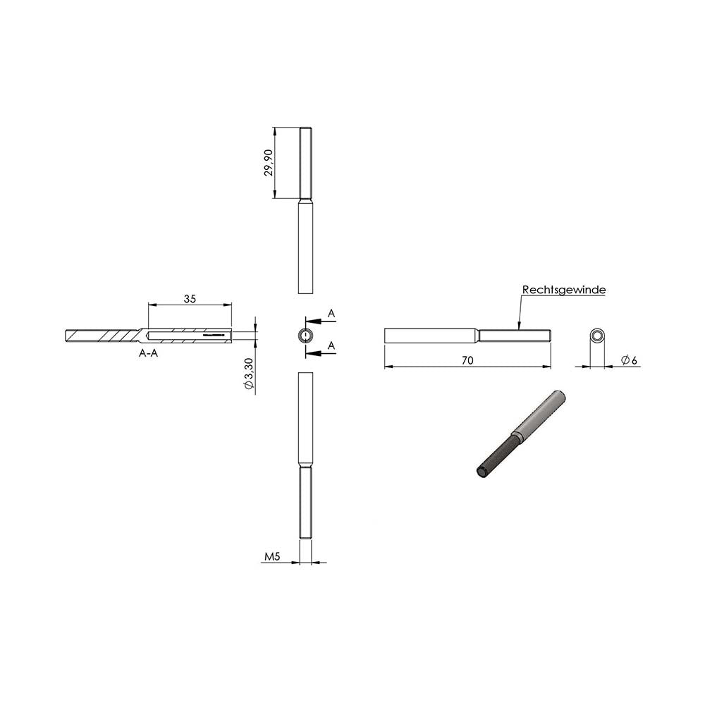 Gewindeterminal mit M5 Außengewinde (rechts) zum Selbstverpressen, für ø 3mm Seil