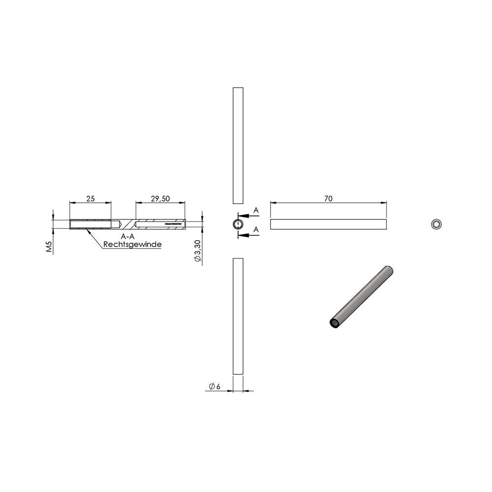 Gewindeterminal mit M5 Innengewinde (links) zum Selbstverpressen, für ø 3mm Seil
