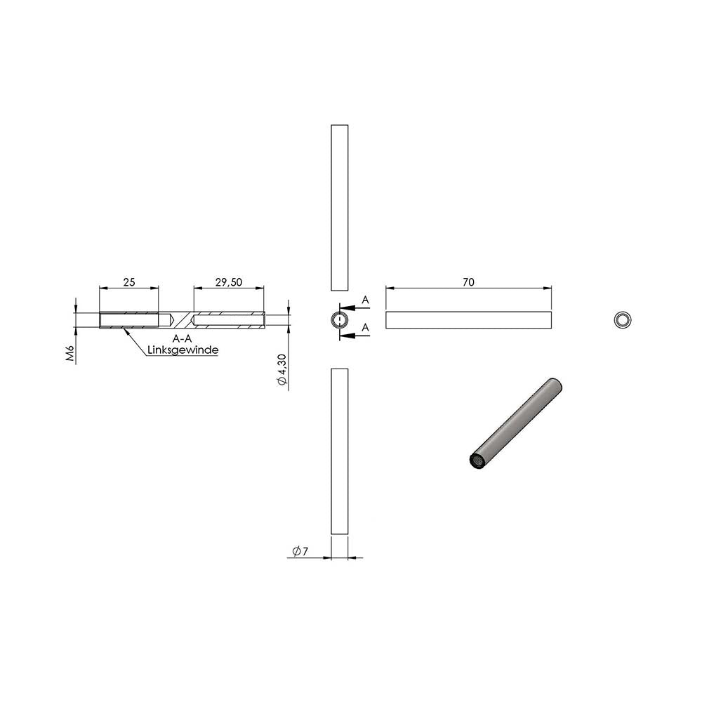 Gewindeterminal mit M6 Innengewinde (links) zum Selbstverpressen, für 4mm Seil