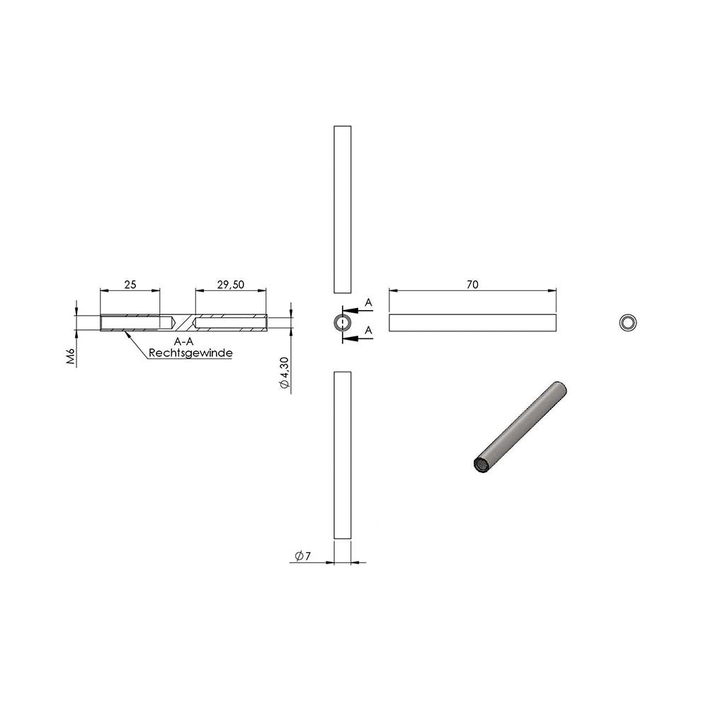 Gewindeterminal mit M6 Innengewinde (rechts) zum Selbstverpressen, für 4mm Seil