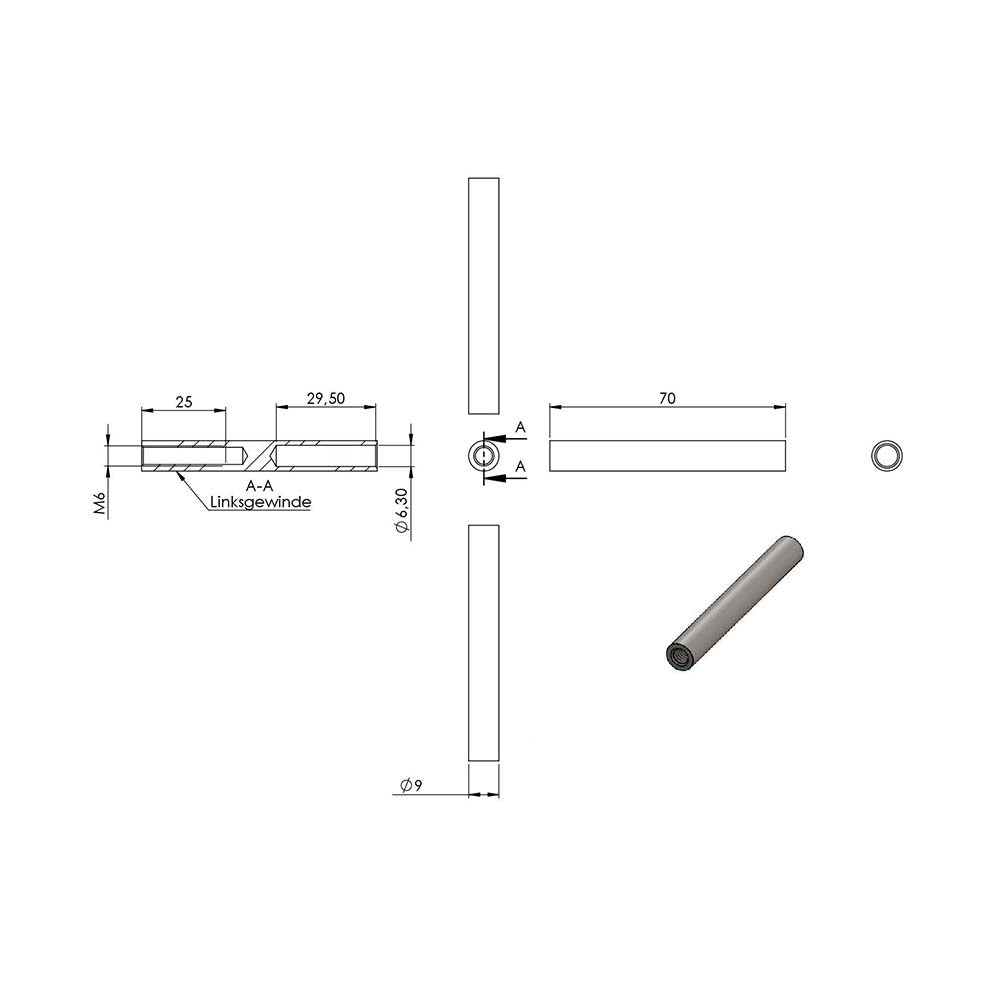 Gewindeterminal mit M6 Innengewinde (links) zum Selbstverpressen, für 6mm Seil