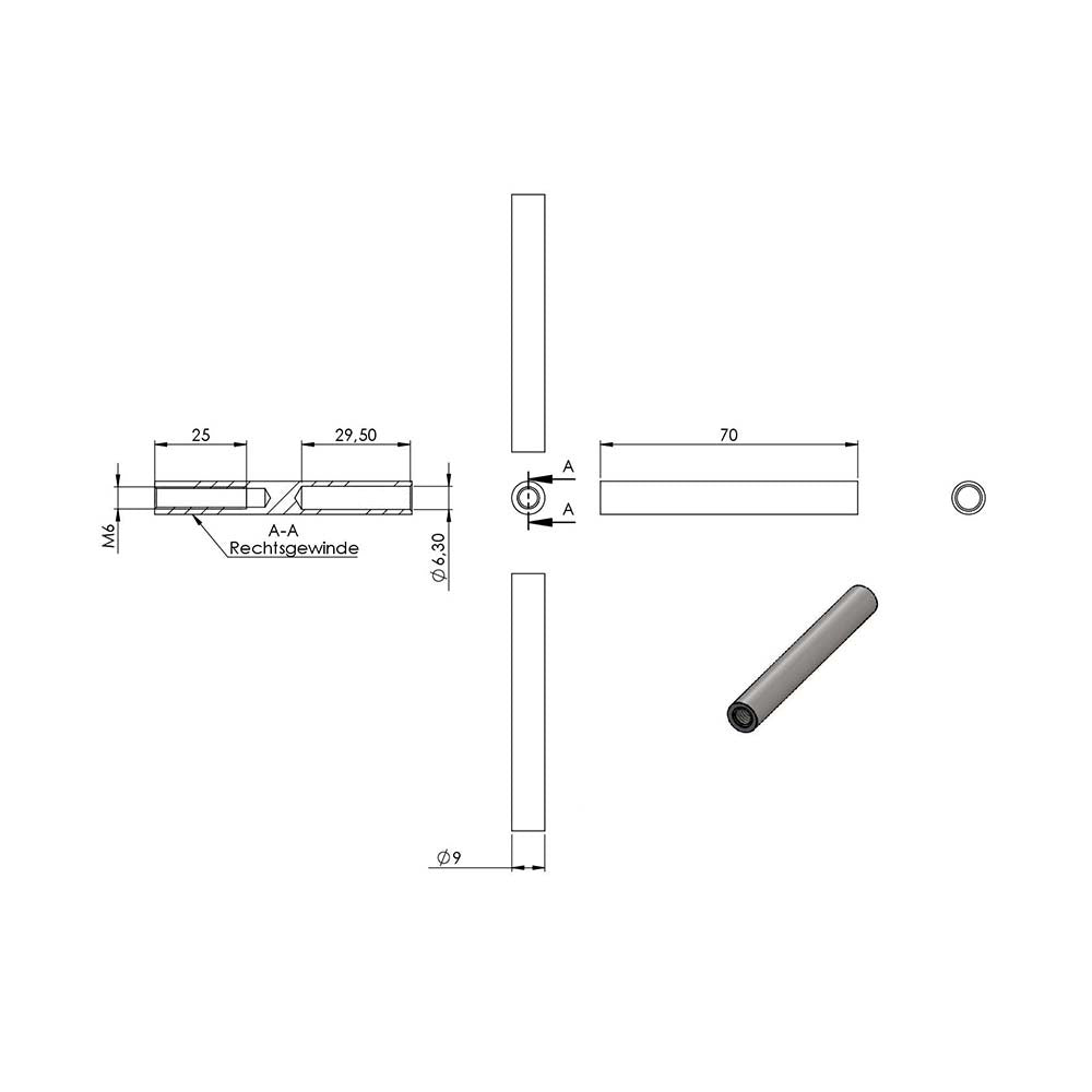 Gewindeterminal mit M6 Innengewinde (rechts) zum Selbstverpressen, für 6mm Seil