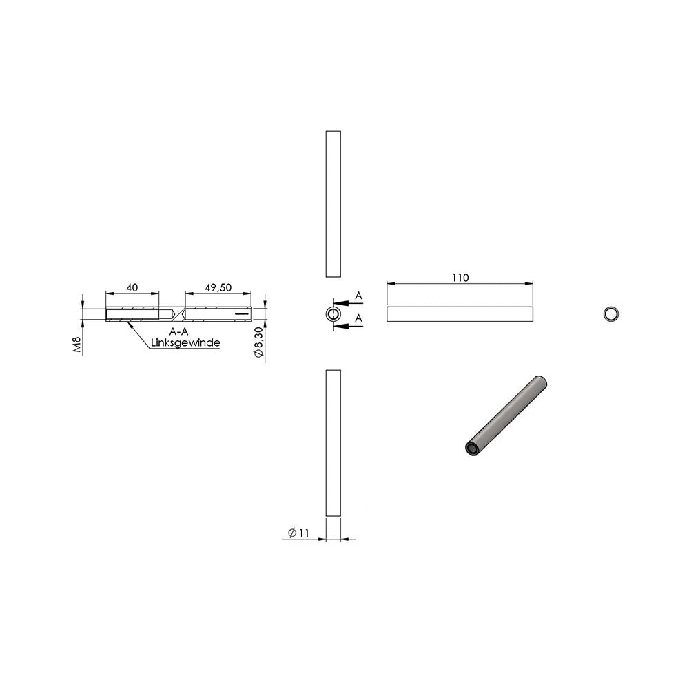 Gewindeterminal mit M8 Innengewinde (links) zum Selbstverpressen, für 8mm Seil