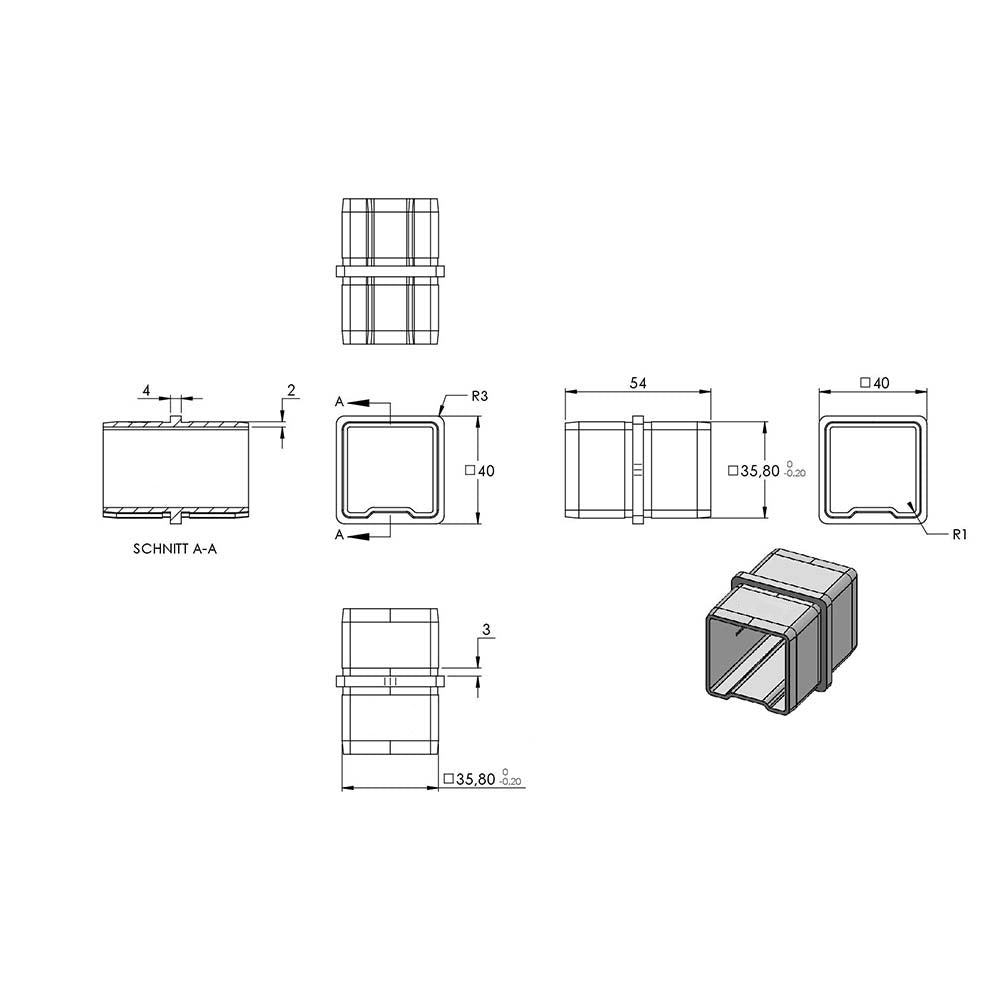 Verbinder zum Stecken, für Rohr 40 x 40 x 2,0mm