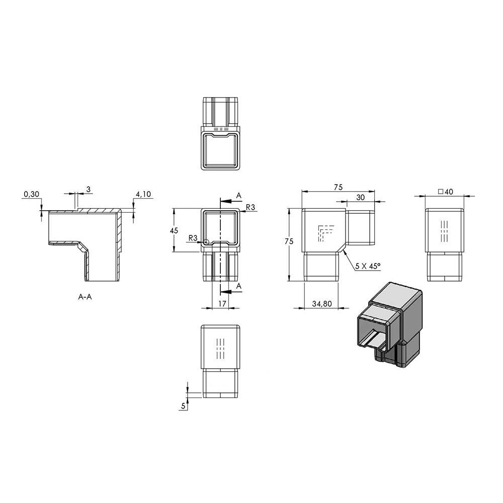 90° Ecke zum Stecken, für Rohr 40 x 40 x 2,0mm