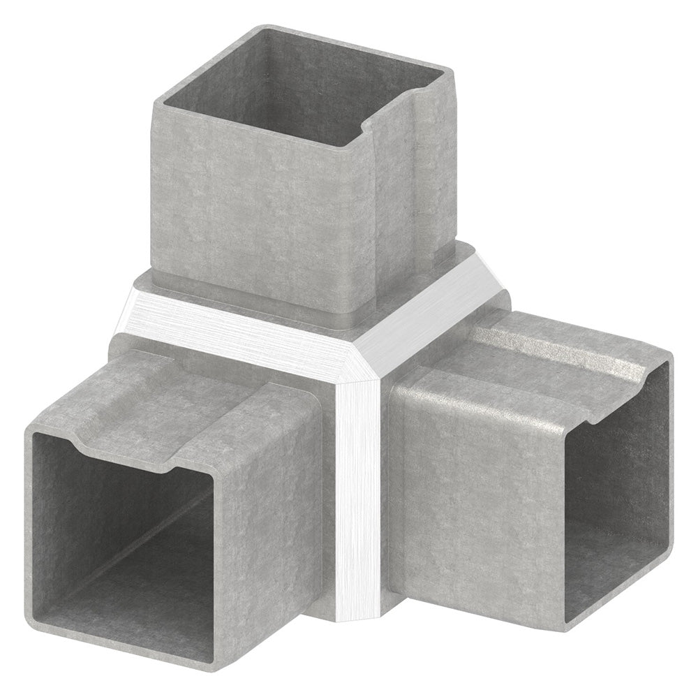 V2A 90° Eckstück, mit 3 gleichen Abgängen, zum Stecken, für Rohr 40 x 40 x 2,0mm
