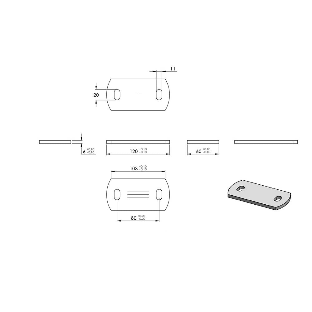 Ankerplatte 120 x 60mm, Stärke 6mm, mit zwei 20 x 11mm Langlöchern, einseitig geschliffen