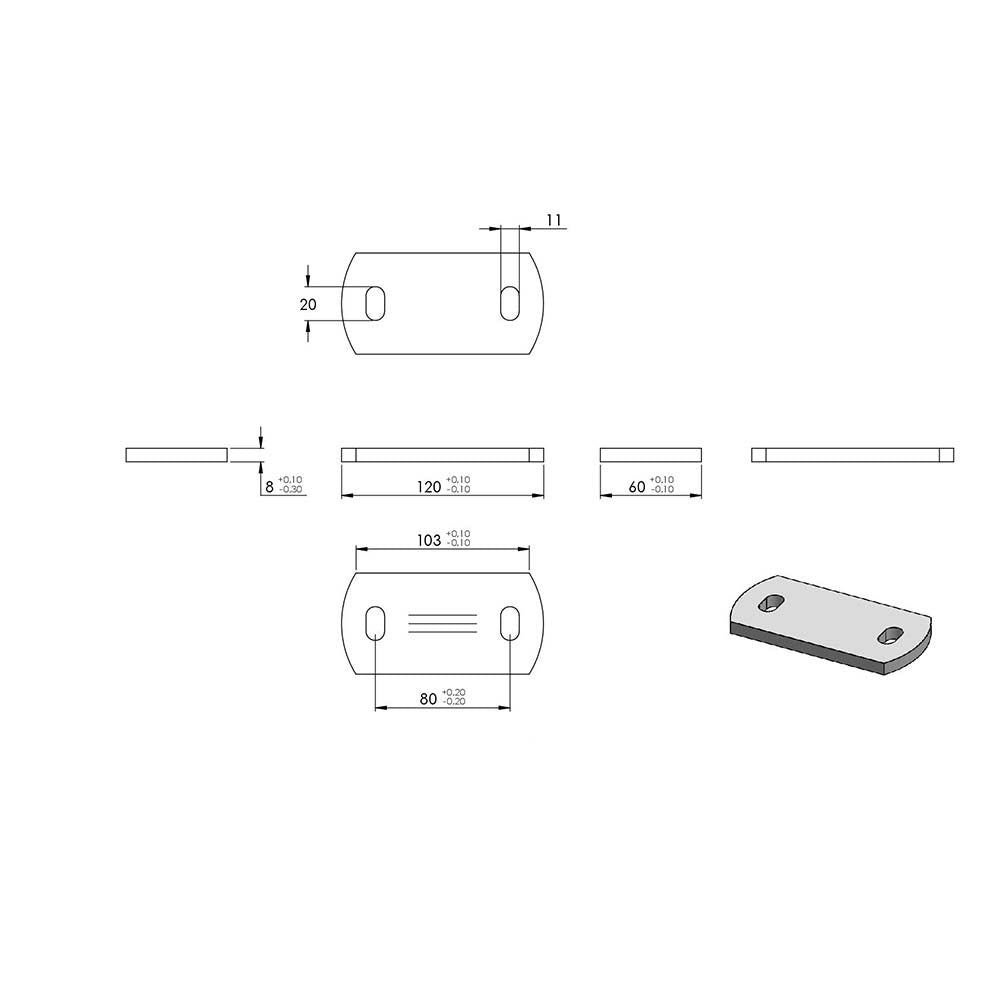 Ankerplatte 120 x 60mm, Stärke 8mm, mit zwei 20 x 11mm Langlöchern, einseitig geschliffen