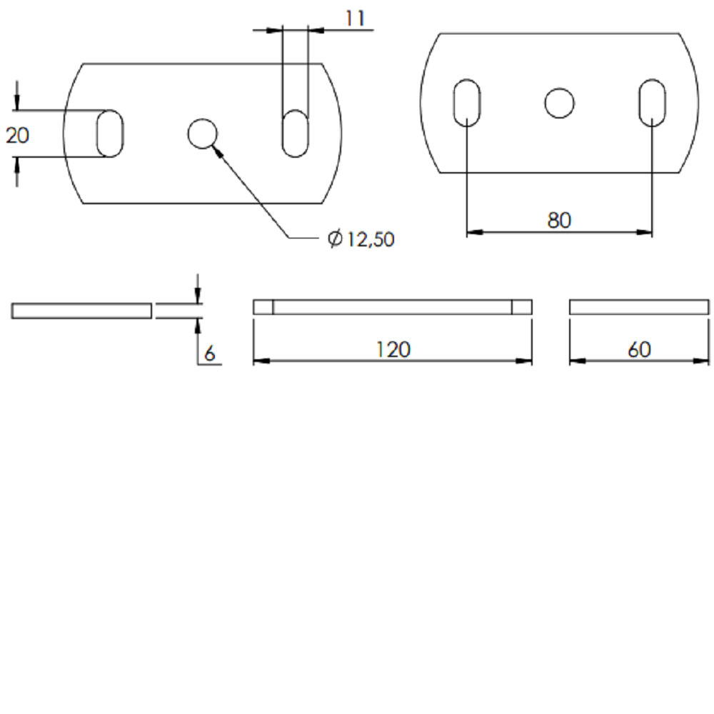 Ankerplatte 120 x 60mm, Stärke 6mm, mit zwei 11 x 20mm Langlöcher und ø 12,5mm Mittelbohrung, Stahl roh